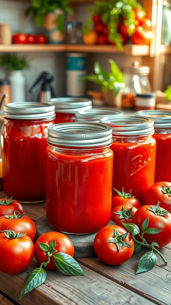 Jars of homemade tomato juice on a wooden table with fresh tomatoes around.